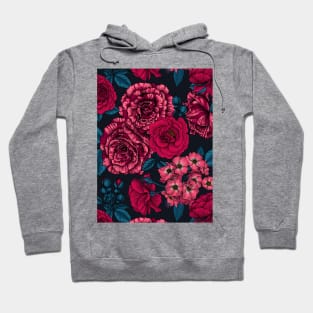 Pink, red and bi-color roses with blue leaves on black Hoodie